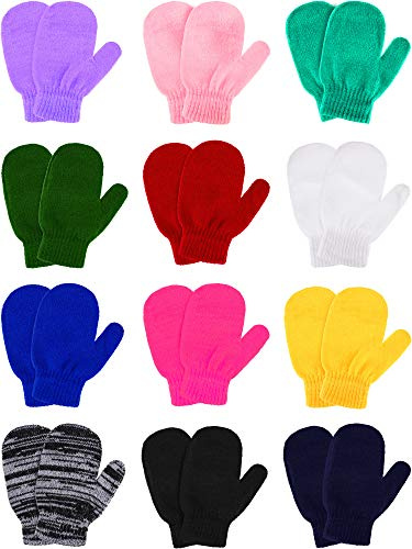 Boao 12 Pairs Toddler Mittens Bulk Kids Winter Knit Gloves pack Childrens Stretch Mittens for Toddler Boys Girls(1-3t,Black, White, Dark Blue and Assorted Rainbow Color)