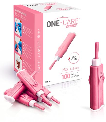 ONE-CARE Plus Safety Lancets 28G x 1.8mm, Contact-Activated Fingerstick Lancets, Single-Use, Fast Activation, Easy Home Use, Box of 100