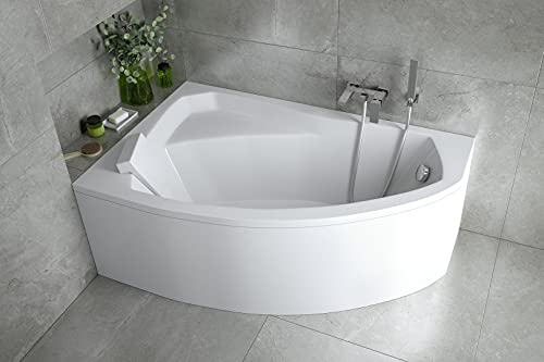 BADLAND Badewanne Original Weiß Acryl Wanne Eckbadewanne RIMA 170x110 Rechts KOMPLETTSET SET mit Weiß Acrylschürze + Füßen und Exklusive Chrom Automatik Ablaufgarnitur Made in EU 4in1