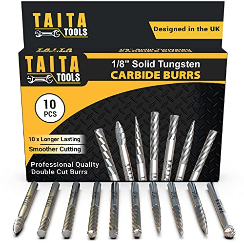 10PC Double Cut Carbide Burr Set - 0.118 (3mm) Shank, Rotary Tool Cutting Burrs - Dremel Accessories, Fordom, Flex Shaft, Dewalt And Die Grinders - For Wood Carving, Metal Working And Engraving.