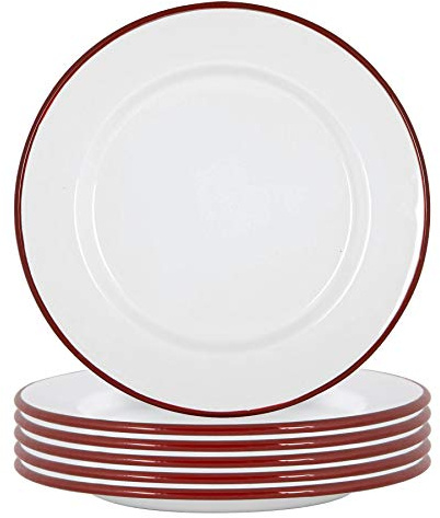 Argon Tableware Weiße Emaille -Dinner -Teller - 25,5cm - Rot - Pack Von 6
