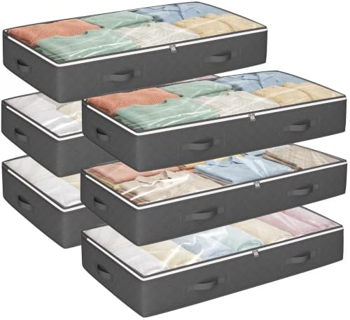 Budding Joy 6 Stück 90L Unterbettkommode, Aufbewahrungsbox mit Deckel Faltbare Unterbett Aufbewahrungsbox für Kleidung, Bettdecken und Bettwäsche, Grau | Faltbare Unterbett-Aufbewahrungskörbe für Bettwäsche, Decke, Kleidung, Bettdecken, Pullover, Kissen, Geschenkpapier
