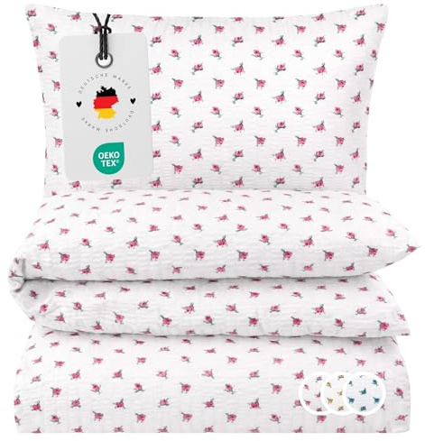 Carpe Sonno Seersucker Bettwäsche 135x200 cm Blumen – Rosa bügelfrei | Florale Sommerbettwäsche im Landhausstil | kühlend, Reißverschluss, bügelfrei | Deckenbezug + Kissenbezug 80x80