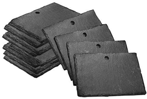 mtb more energy 12er Set Schiefer Schilder Täfelchen - 10x7 cm - Rechteckig mit Loch - zum selbst Beschriften für Garten, Haushalt, Basteln, Geschenke