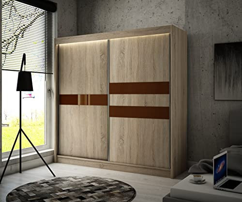 ALTDECOR Kleiderschrank mit Lacobel-Schiebetüren, kugelgelagerte Führungsschienen und Aluminium- Leisten, LED-Beleuchtung (17 Farben) und Fernbedienung - ARRI- 200 cm Sonome Eiche/Lacobel Schokolade