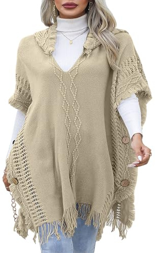 JFAN Poncho para Mujer Invierno Capas de Punto con Capucha y Botones Ponchos con Borlas Caqui