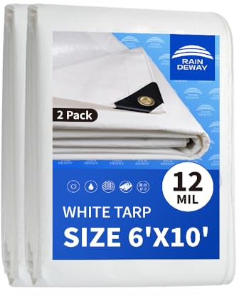 RAINDEWAY Lona blanca resistente de 12 mil de 6 x 10 pies (paquete de 2), resistente a los rayos UV, impermeable, resistente a la intemperie, lona de polietileno con ojales de metal y bordes