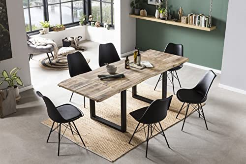 SAM 7tlg. Essgruppe Noar 140 (220) x 90 cm, Mangoholz massiv, 2 Ansteckplatten, naturfarben, Baumkantentisch, U-Gestell Schwarz + 6X Schalenstuhl Lerche in Schwarz