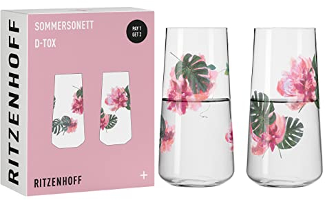 Ritzenhoff 6151001 Juego de vaso universal 600 ml - Serie Sommersonett D-Tox - 2x vaso con motivo floral - Made in Germany
