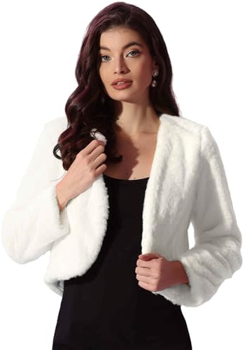 Allegra K Cropped Jacket for Women's Faux Fur with Pockets Long Sleeve Open Front Wedding Bolero Gowns Coat Small White
