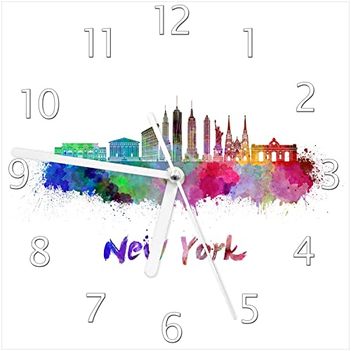 Wallario Design-Wanduhr Städte als Aquarell - Skyline von New York aus Glas, Motiv-Uhr Größe 20 x 20 cm, weiße Zeiger