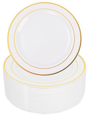 Gikisla 25 Pieces Plastic Plates - White & Gold Rimmed Reusable Plates Premium Heavy Duty - 26cm Dinner Plates for Christmas Parties Wedding
