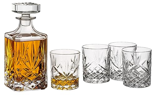 gouveo Caraffa da whisky con 4 bicchieri 35149 – Set decanter in vetro di alta qualità con 4 bicchieri da whisky abbinati, ottimo set regalo per uomini e amanti del whisky