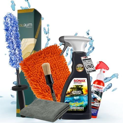 Sonax - Set di pulizia e sigillatura per cerchioni, 500 ml, edizione speciale + spazzola per cerchioni Aurum Performance + Sonax Xtreme Ceramic Quick Detailer 140 ml + pennello per cerchioni + guanto