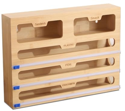 5in1 Folienspender Holzspeicherbox Mit Cutter Frischhaltefolie Abroller Aufbewahrungskiste Frischhaltefolienschneider für Küchenschublade