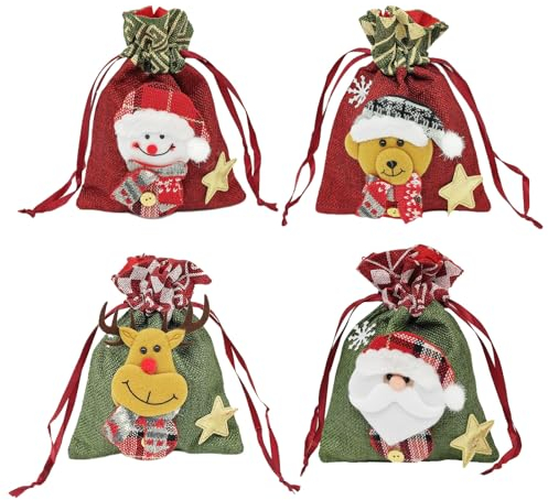 EUPSIIU 4 Stück Weihnachten Geschenkbeutel, Weihnachten Kordelzug Geschenktüte Süßigkeiten Tüten,Weihnachten Kordelzug Handtasche Weihnachten Kordelzug Geschenktüte,Wiederverwendbar (4 Stück)