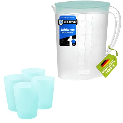 KiNDERWELT Premium Set Saftkanne 2 Liter Kunststoff und Trinkbecher 4er Set, 250 ml, Saftkanne mit Deckel und integrierter Maßeinteilung, aquamarin aus Kunststoff