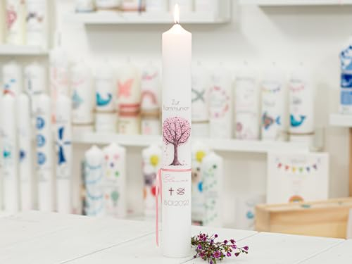 meinkerzenshop Kommunionkerze mit Designdruck Elaine personalisiert mit Name und Datum, individuell für Junge und Mädchen
