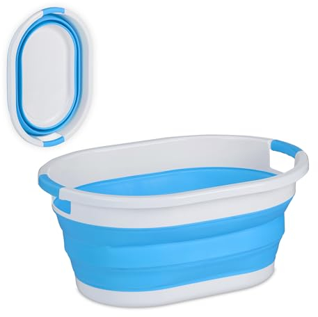 Relaxdays Cesto Portabiancheria Pieghevole, 36 Litri, Contenitore Salvaspazio in Plastica con Impugnature, Blu Bianco