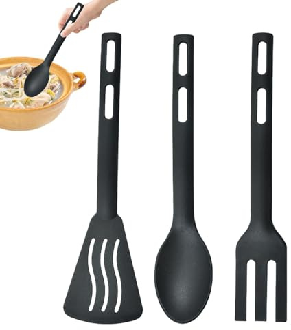 Utensilios de cocina de nailon, espátula de acero inoxidable, resistente, pequeña, sartén de hierro fundido con mango de silicona, cuchara, utensilios de cocina portátiles para viajes, camping | Kit de cubiertos resistente con espátulas antiadherentes, mango cómodo para uso en interiores y exteriores