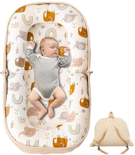 GloTika Baby Lounger, Foldable Infant Nest Pillow with Soft Memory Foam Mat, Cover with Adorable Pattern, Converts to Backpack for Easy Travel, 0-12 Months，Brown