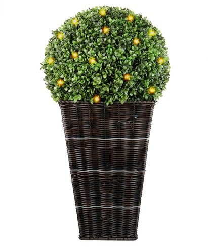 SEVENLOVE Árbol topiario artificial de boj con luces para maceta, árbol de boj en maceta de 25 pulgadas, bola topiaria con luces, arbusto artificial para porche delantero, decoración de oficina en