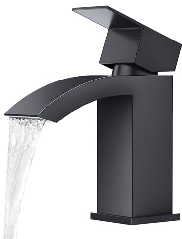 CREA Wasserfall Wasserhahn Bad,Waschtischarmatur Chrom mit Keramikventil, Mischbatterie Waschbecken mit Kaltes & Heißes Wasser,Einhandmischer Waschbeckenarmatur, Matt Schwarz