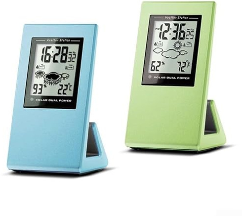 Außenuhren und Thermometer für Terrasse, Solar-Wettertemperatur, Luftfeuchtigkeit, Echtzeit-Temperatur und Luftfeuchtigkeit, tragbares Design (grün)