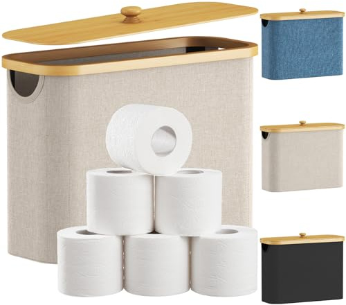 Lifewit Organizador Papel Higienico, Cesta Almacenaje Portarrollos Guarda Rollos Papel Higienico, Bambú Angosto Organizador Baño con Tapa, 23L, Beige