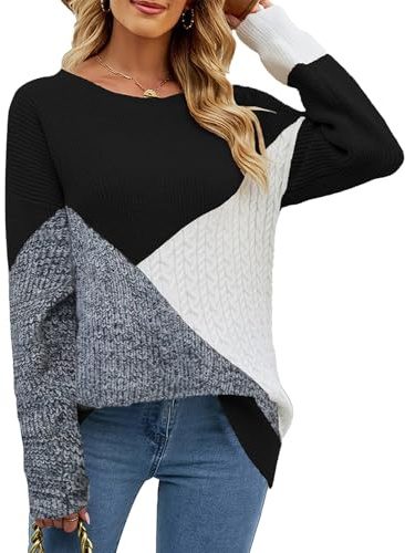 NLAND Jersey Punto Mujer Pullover Suéter Manga Larga Cálido Suéter Punto Invierno Top Invierno Cuello Redondo Casual Colores Patchwork Pullover Sweatshirt