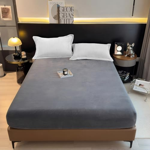 BESCH Sábanas Bajeras Térmica de Coralina Ajustable de 150x200+30cm - Bajera Pólar Felpa, Súper Suave y Acogedora (Gris Oscuro, Cama Matrimonio de 150)