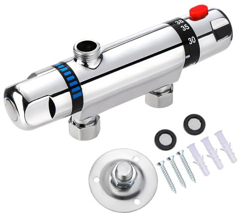 GEARCELL Mitigeur thermostatique pour baignoire/douche avec bec de remplissage de baignoire, robinet de douche thermostatique robinet de baignoire moderne en laiton massif chromé à 38 °C de sécurité