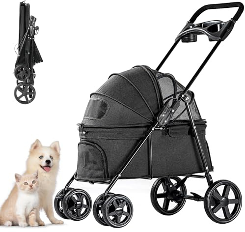 Joyfultails Carro para Perros con 15KG de Capacidad, Carrito Plegable con Ruedas y Freno de Mano - Ideal para Mascotas Medianas/Pequeñas (Viajes Seguros), negro