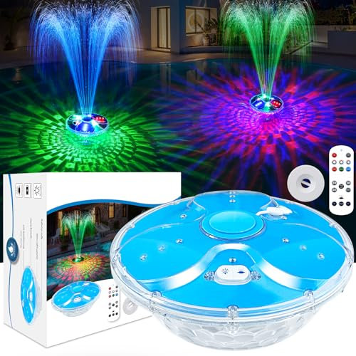 DeeprBling Schwimmender Springbrunnen Pool mit Lichtshow, Wasserfontäne Pool mit Anker, 2 Sprühmodi & 7 Lichtmodi mit Fernbedienung & Knöpfen, Pool Fontäne Springbrunnen Schwimmend