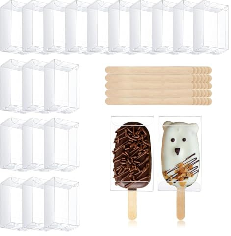 KEHHVCY 60PCS Ice Cream Cakesicle Boxes Set, 30 Clear Cake Pop Boxes & 30 Wooden Popsicle Sticks，Transparent Cakesicle Packaging for Birthday Parties, Baby Shower Weddings & Diy Treats