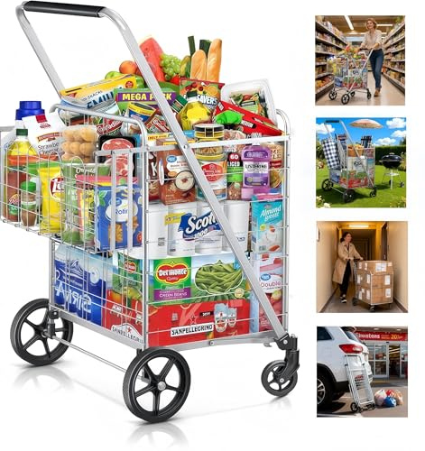 Flovel Einkaufswagen Klappbar Jumbo Doppelkorb Einkaufstrolley 160 kg Tragkraft Faltbarer Einkaufsroller mit 360° Rollen Schwerlast Transportwagen für Wäsche, Einkäufe, Lebensmittel, Gepäck