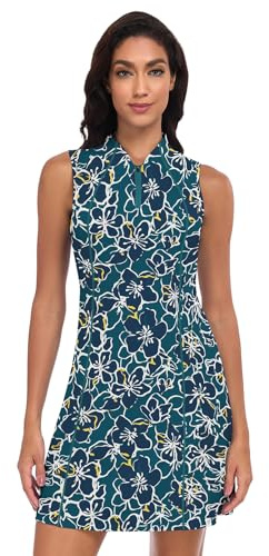Soneven Tenniskleid für Damen Golfkleid Ärmellos Kleider Sommer, Freizeitkleid Sportkleid mit 1/4 Reißverschluss für Casual Sport Business Dunkelgrüner Druck S