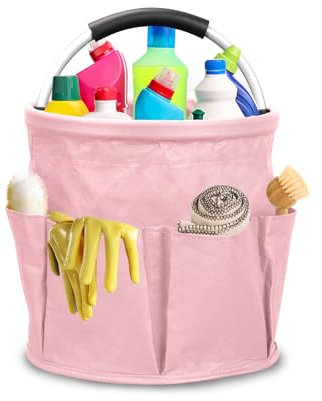 Cleaning Caddy With Handle,Cleaning Bucket Organiser Caddy,17L Portable Multi Pocket Large Capacity,Foldable Storage Basket (Pink)