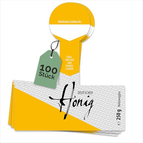 Apoidea – Honig Etiketten 250 g mit Gewährverschluss nassklebend – 100 Stück zum Stempeln/Etiketten Honiggläser/Honig Aufkleber für selbstgemachten Honig/Honigetiketten für Honiggläser