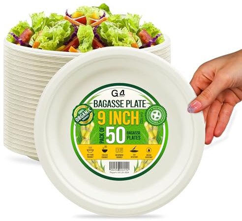G4GADGET 9 Inch Heavy Duty Bagasse Paper Plates – Pack of 50 | Eco Friendly Disposable Plates | Compostable Sugarcane Plates for Party, BBQ, Picnic & Events