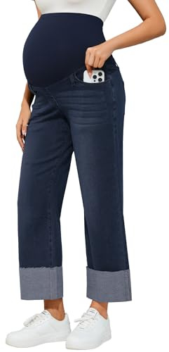 PACBREEZE Women's Maternity Jeans Straight Leg Cuffed Hem Comfy Stretchy Over Belly Denim Pregnancy Pants, S-XXL (Vintage, Large)