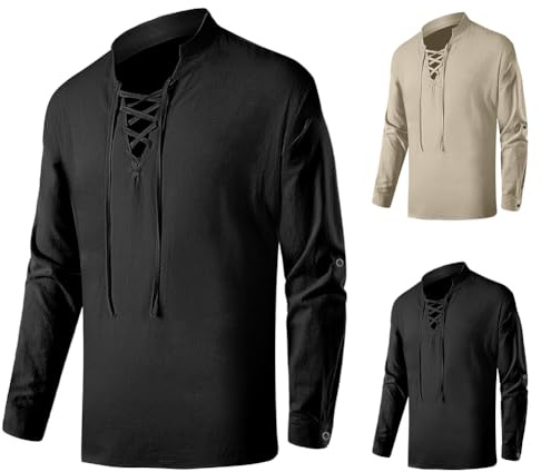 BSBUY Mittelalter Hemd Herren Piratenhemd Langarm Freizeithemd Herren Hemd 100% Baumwolle Traditioneller Retro-Stil Hemd Mittelalter Kostüm Wiking Halloween Ritterhemd Renaissance Hemden Schwarz 2XL