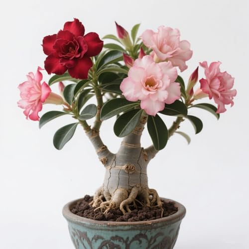 Lebende Wüstenrose (Topf)/Adenium/Zimmer-Wüstenrose(großblütig)-Winterharte Mehrjährige/Trockenheitsresistent/Pflegeleicht-2 Rhizome-C