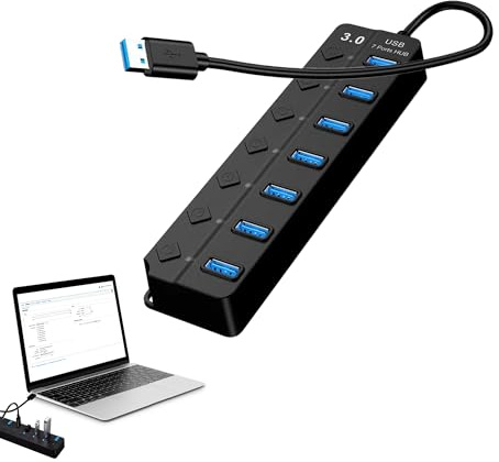 7-Port USB 3.0 Hub, 30cm, USB Multiport Adapter Splitter | Multi USB Port Hub with Individual Switches and Lights, High-Speed Data Extender for PC, Laptop, Printer and More