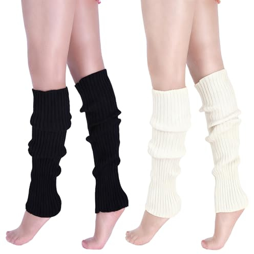 LYhsmg 2 Pairs Leg Warmers,40cm Knitted Leg Warmers Ladies,Winter Long Legwarmers for Women Girls,Fashion Ankle Warmers for Ballet Yoga Dance Ice Skating (Black And White)