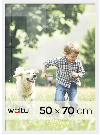 WOLTU Bilderrahmen 50x70, Weiß, MDF-Holz Fotorahmen mit Passepartout | Posterrahmen für Poster, Fotos, Puzzle, aufhängbar und aufstellbar, Collage-Wanddeko mit bruchsicherer PS-Platte ohne Glas