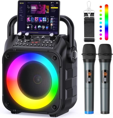 Máquina de Karaoke con 2 Micrófonos Inalámbricos, Altavoz Portátil Bluetooth 6.0 para Adultos y Niños con Sistema de Sonido, Luces LED, Compatible con Tarjeta TF/USB para Fiestas, Regalo (Negro)