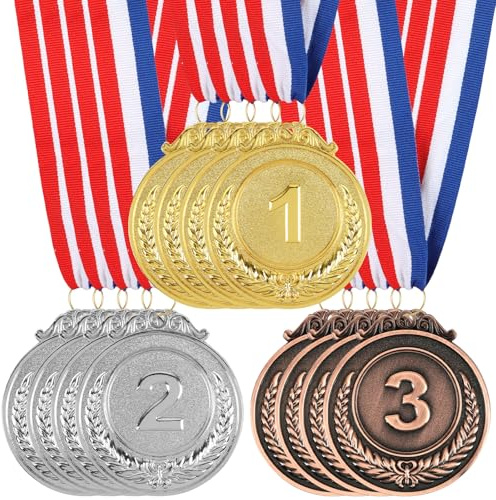 Huniee Lot de 12 Médaille de Récompense avec Ruban, Kit de Médailles du Gagnant Prix avec 3 Couleurs, pour Le Sport, Les Compétitions, Les Fêtes, L’Entreprise, Style Olympique