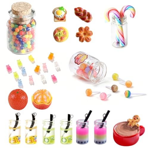 RAFIYU 39 Stück Miniatur Essen und Trinken, Puppenhaus Zubehör aus Harz | Miniatur Lebensmittel Set für Mini Küche, Rollenspiel Spielzeug, Essen Party, Playmobil Dollhouse Zubehör mit Kompakter Größe