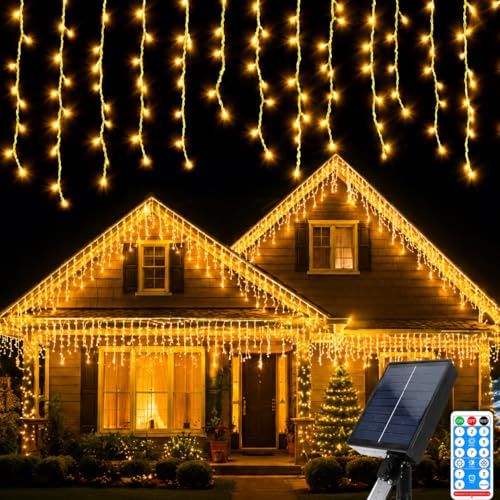 IRONDELIC 1 Pack Solar Eisregen Lichterkette Outdoor 5m 256 Led, IP44 Wasserdicht Lichtervorhang mit Fernbedienung 8 Modi Timer, Aussen Solarlampen für Außen Garten Balkon Deko Terrasse, Warmweiß
